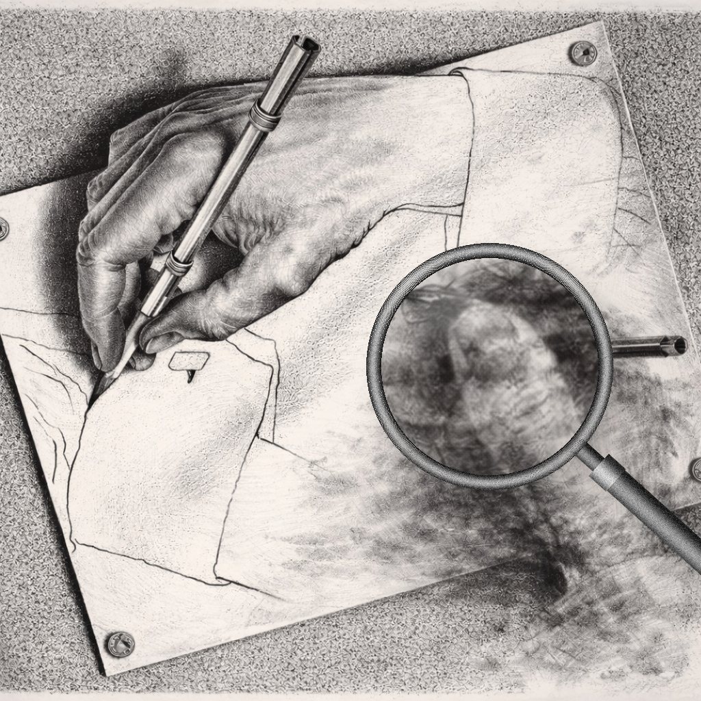 A reworking of Escher's Drawing Hands, in which one hand is drawn in precise graphite and the other has dissolved into smudge, now examined through a magnifying glass that enlarges the smudged fingers into a faint, half-formed shape.