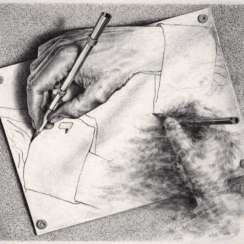 Two hands drawing each other, in the pencil style of a recursive self-portrait — but one hand is rendered with precise graphite line work while the other has dissolved into a charcoal smudge that is nonetheless producing a finished cuff.