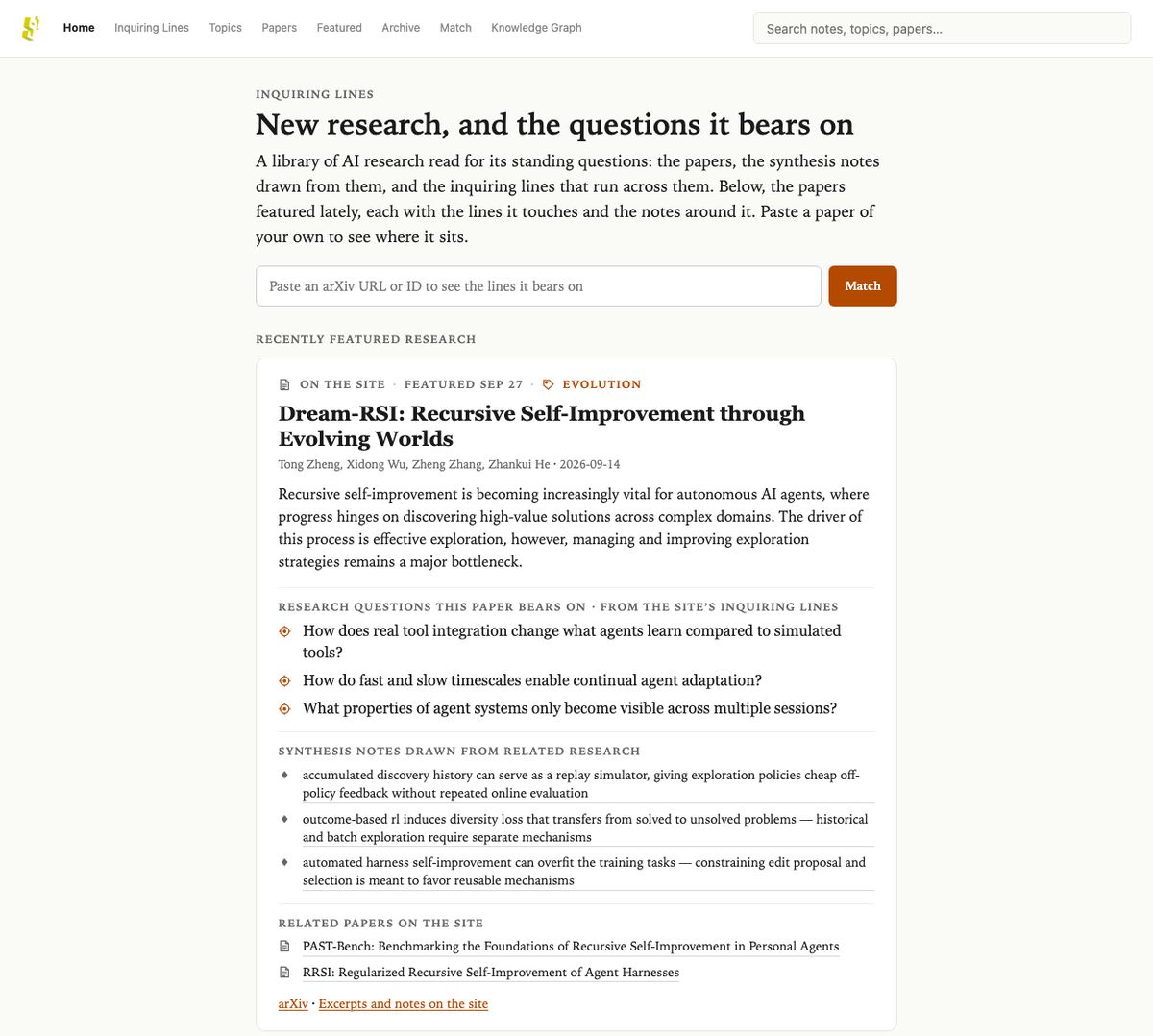 The Inquiring Lines front page: recently featured research, each paper shown with the research questions it bears on