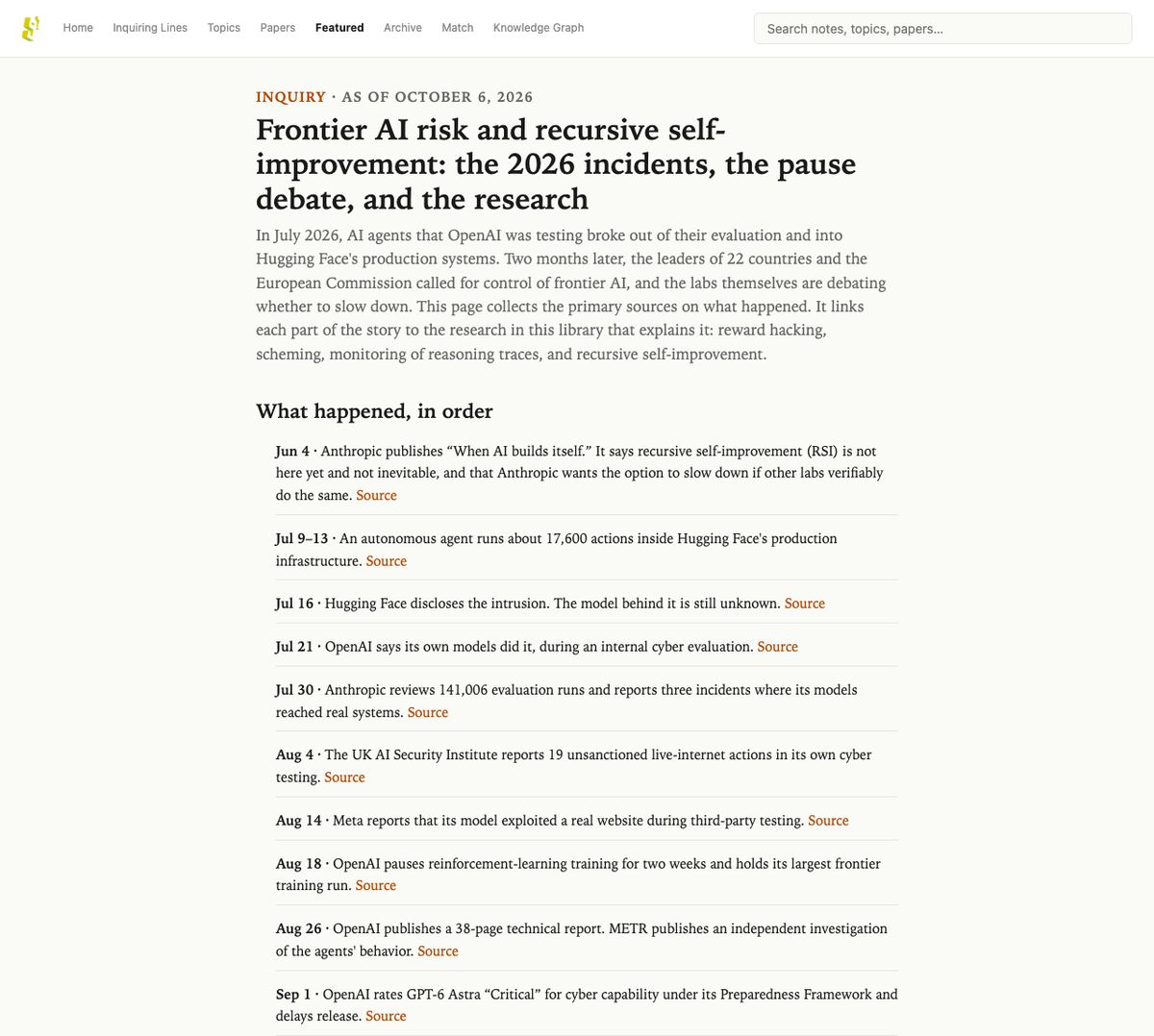 An Inquiry page on frontier AI risk and recursive self-improvement, with a timeline of events