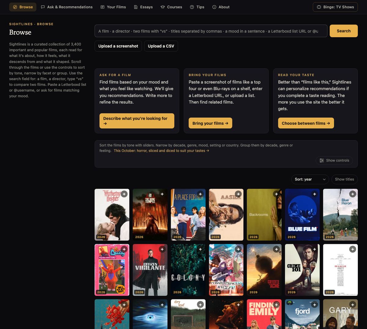 The Sightlines browse page with Ask for a film, Bring your films and Read your taste, above a grid of film posters
