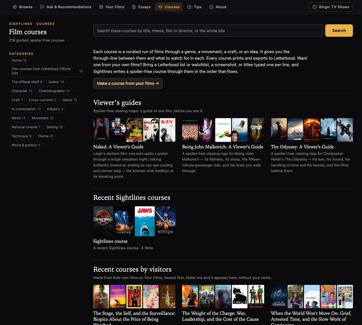 The Sightlines film courses page with viewer's guides and courses made by visitors