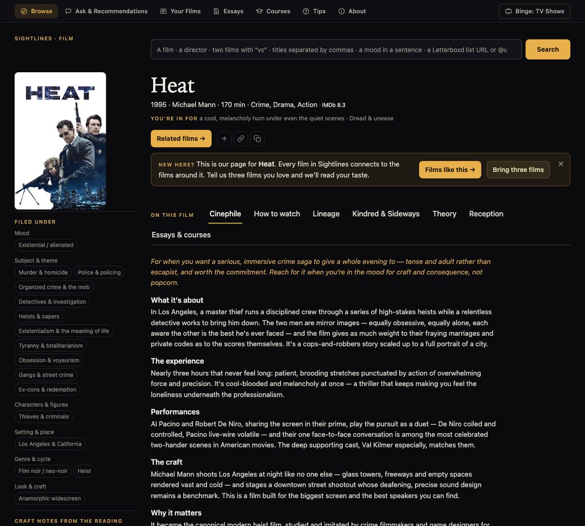 The Sightlines film page for Heat (1995), with its mood statement and tabs for How to watch, Lineage, Theory and Reception